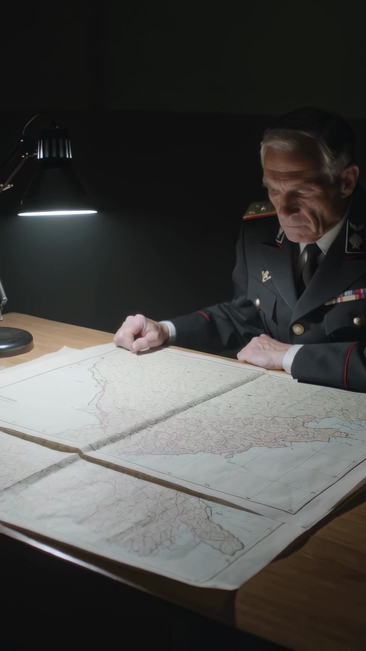 Video vertical: Oficial uniformado estudiando, planificando mapas en escritorio con lámpara, espacio para texto.
