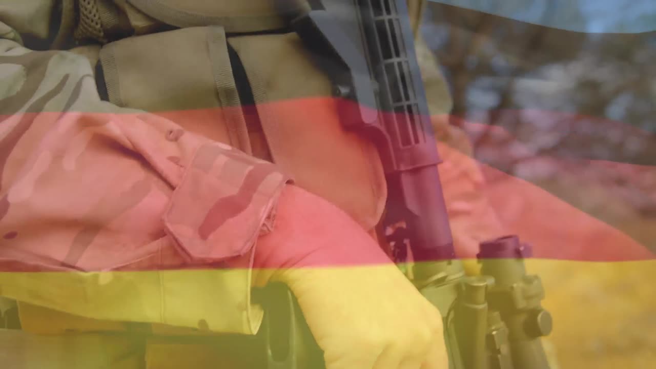 Animazione della bandiera della Germania e degli Stati Uniti su soldato caucasico