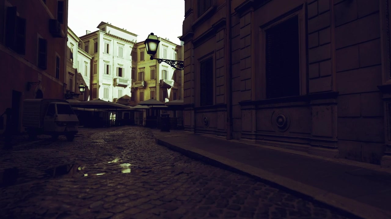 Peaceful morning scene with shimmering puddles and soft sunlight
