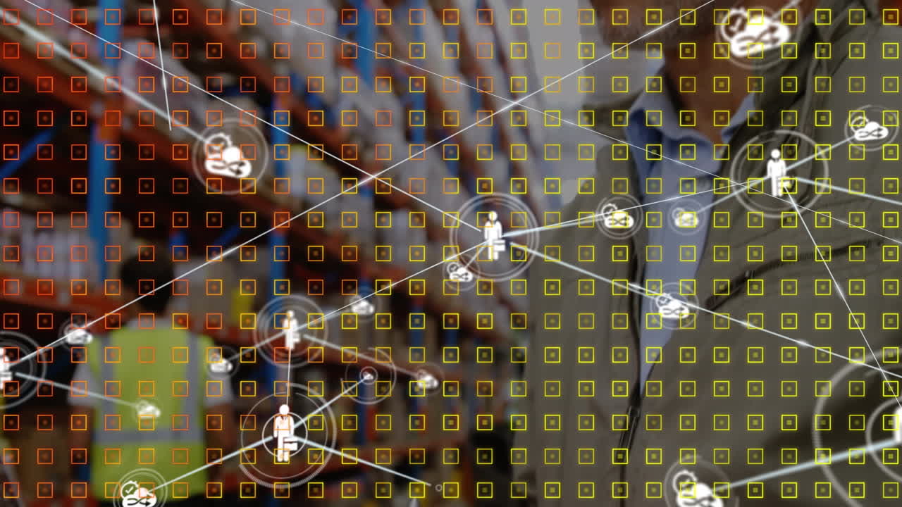 animación de la red de conexiones con iconos en el hombre escribiendo en el almacén de clipboard