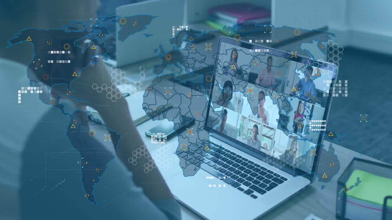 Person working on laptop participating in global business meeting with digital network map overlays