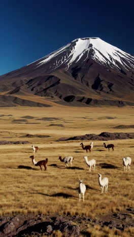 llamas grazing in a vast grassland with a snow-capped mountain