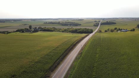 Einsame-Autobahnstraßen-In-Süd-Minnesota-Neben-Bauernhöfen-Und-Maisfeldern-Während-Der-Luftaufnahme-Im-Sommer