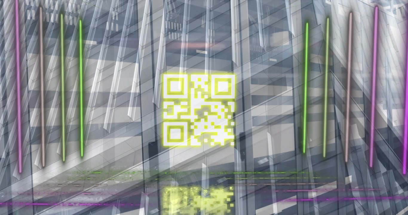 Animation of neon lines with qr code against office building