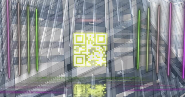 Animation of neon lines with qr code against office building