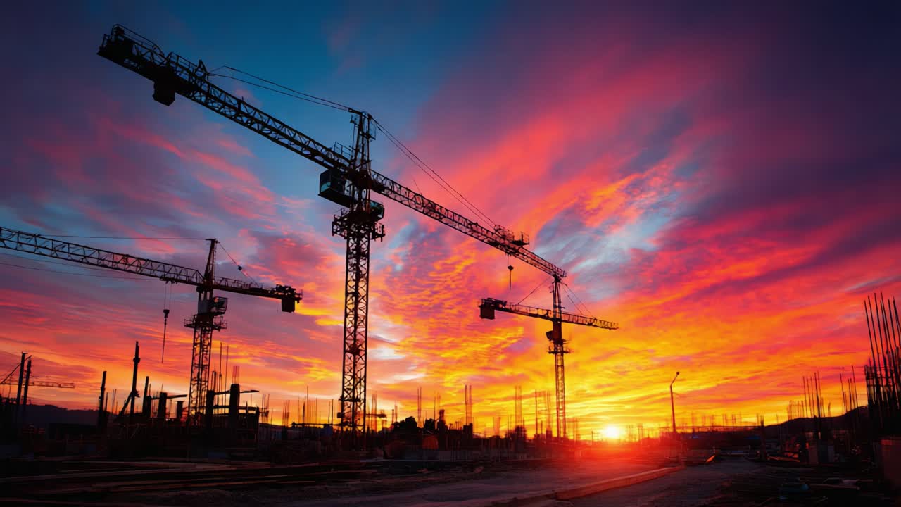 A Stunning Sunset Over a Construction Site Illuminates Tower Cranes Silhouetted Against a Vibrant Sky, Capturing the Essence of Urban Development in the Golden Hour