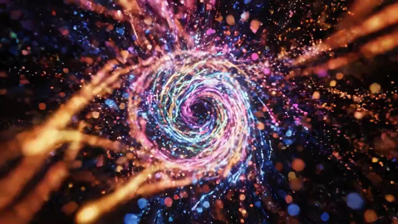 Un'affascinante spirale di luci e particelle colorate crea un'esperienza visiva immersiva in una sequenza di movimento dinamica