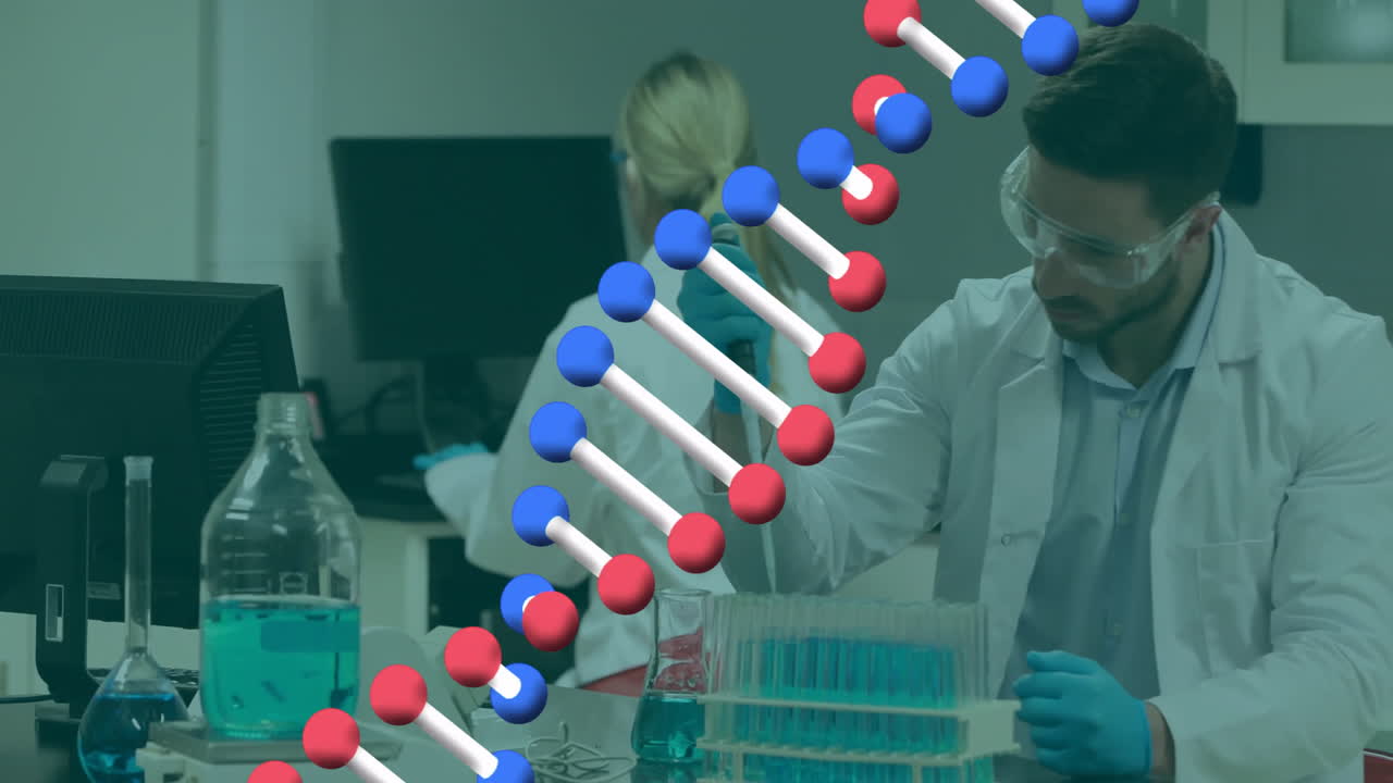 animación de la cadena de adn sobre diversos científicos que trabajan en el laboratorio