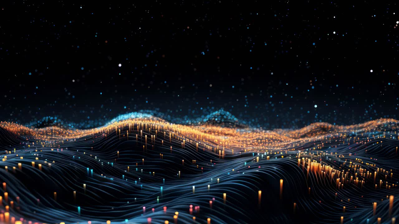 Abstract digital landscape with glowing lines and particles, viewed from a low angle