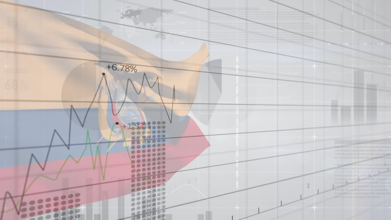 animación de procesamiento de datos y gráficos sobre la bandera de ecuador sobre fondo gris
