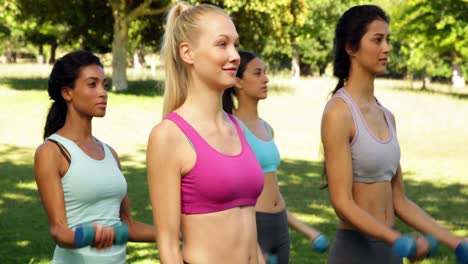 fitness class lifting hand weights in unison