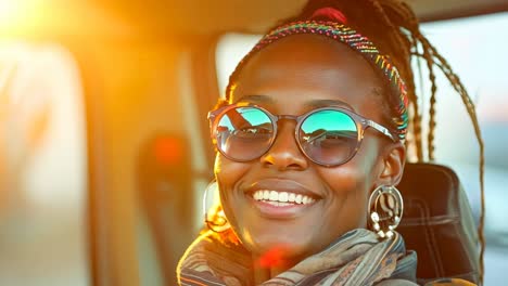 una mujer con gafas de sol y una bufanda sonríe mientras está sentada en un coche