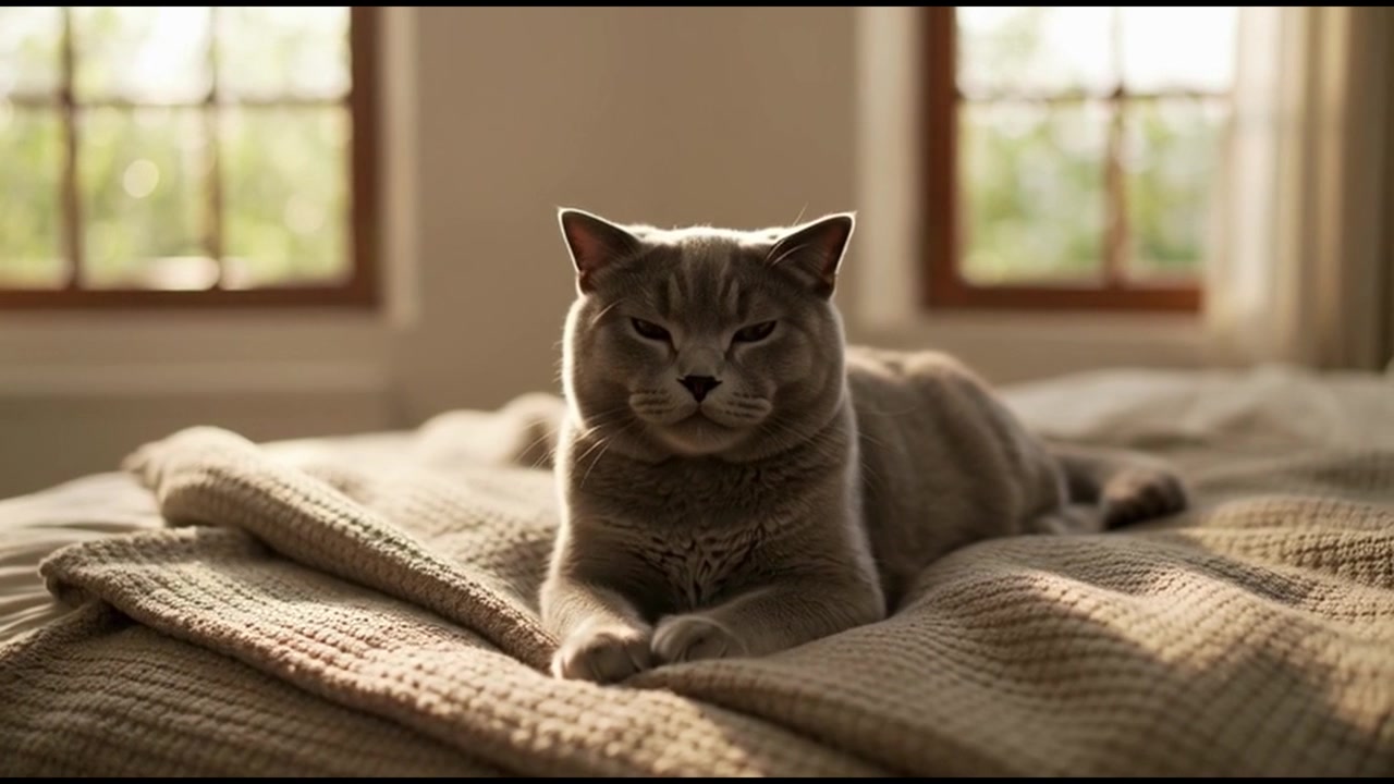 British Shorthair Cat Resting on a Bed in a Sunlit Room