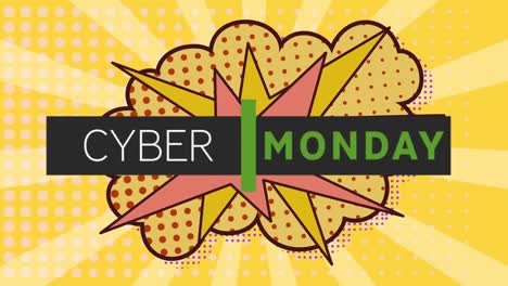 Digitale-Animation-Von-Cyber-Monday-Text-über-Retro-Sprechblase-Vor-Gelbem-Radialem-Hintergrund