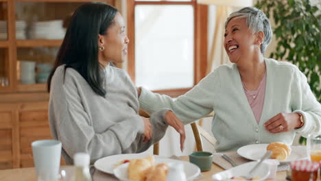 hug, breakfast and women talking in a family home