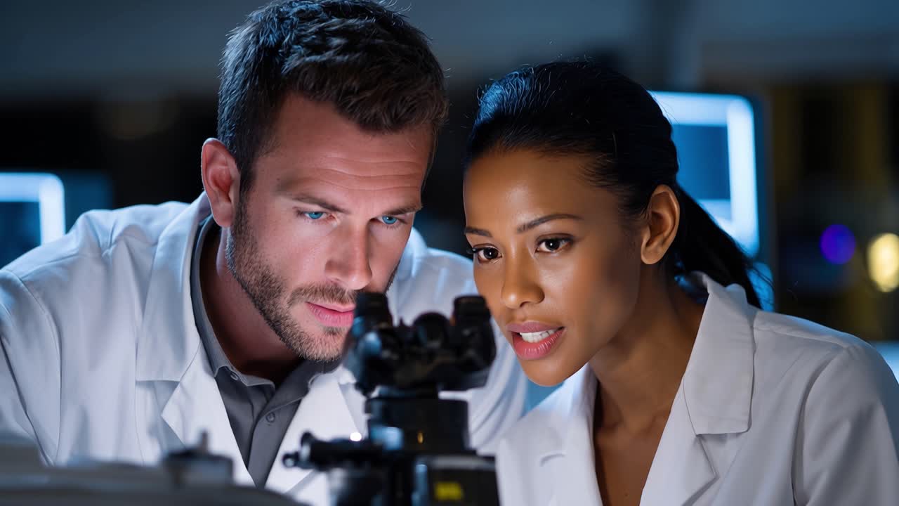 Two scientists examine a microscope in a dimly lit lab. They appear focused, intently studying their sample. The man's brow is furrowed, indicating deep concentration. The woman gazes closely