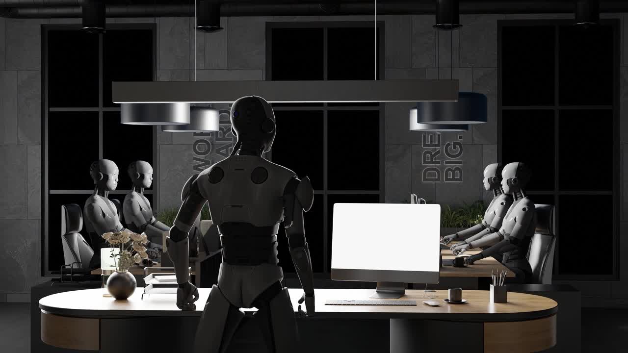 Humanoid robot standing at desk observing other robots working at computers in futuristic office with blue lighting. Modern workspace. Artificial intelligence and automation concept