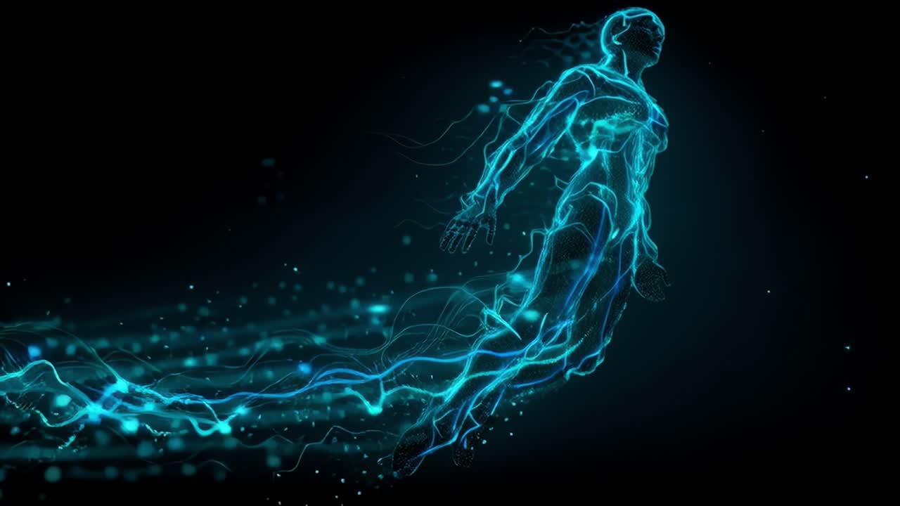 A dynamic representation of a humanoid figure made of glowing blue energy, illustrating motion and speed as it propels through a dark void, exemplifying the concept of speed and agility in a futuristic environment