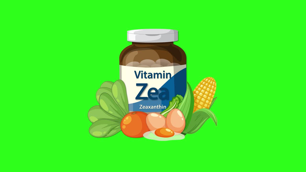 Vitamin supplement bottle appears, vegetables animate in, static composition, bright green background, flat style