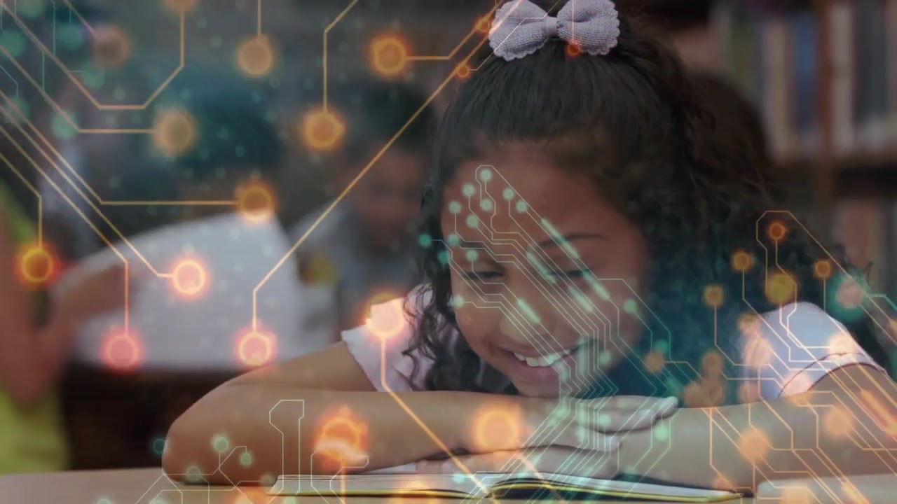 Girl student resting on book as time passing causing circuit overlay boosting classroom engagement