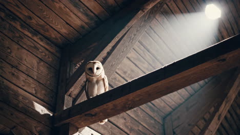barn owl perched on wooden beam in attic with light beam