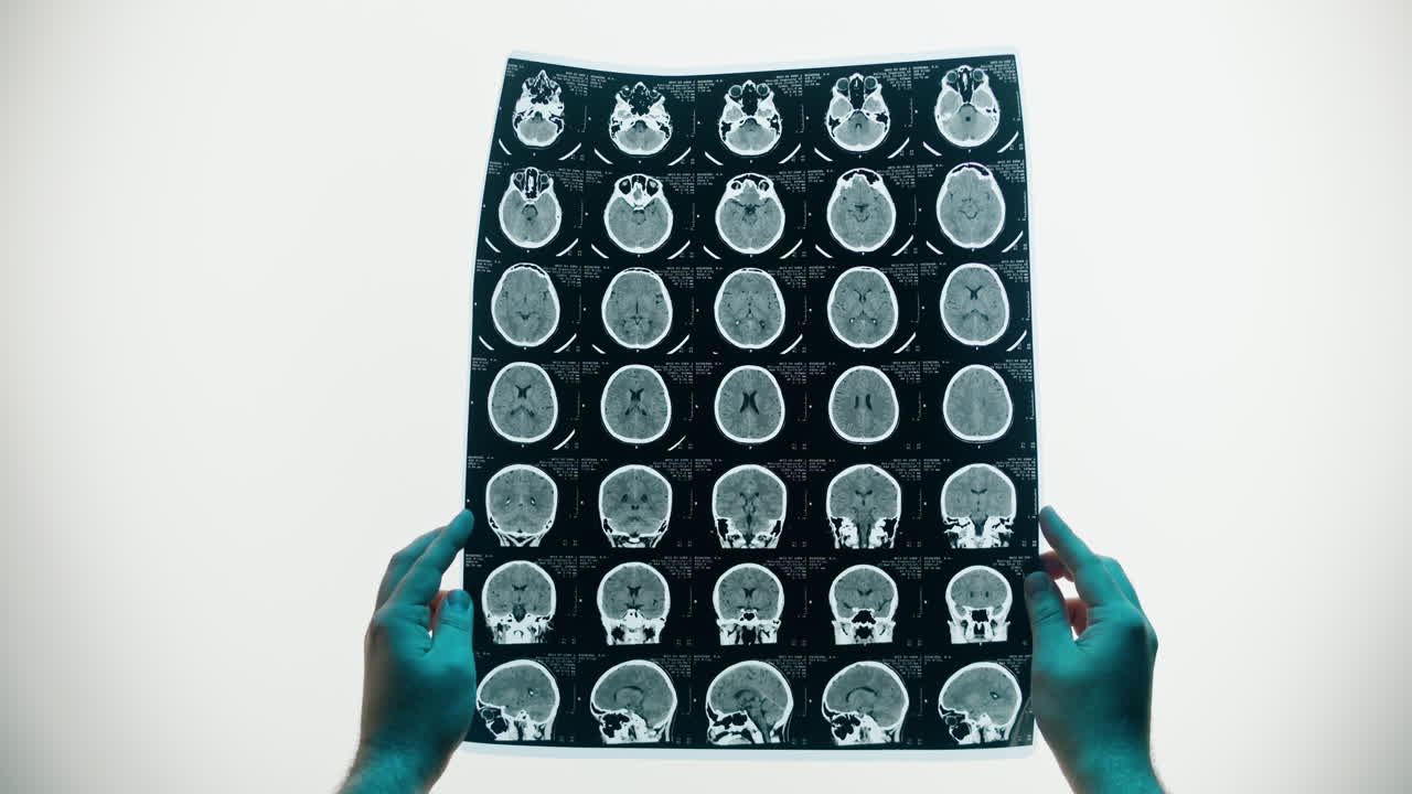 Mani che reggono una risonanza magnetica cerebrale per diagnosi medica.