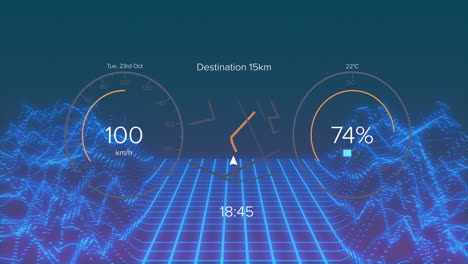 animation of interface with charging battery icon and speedometer over moving shapes