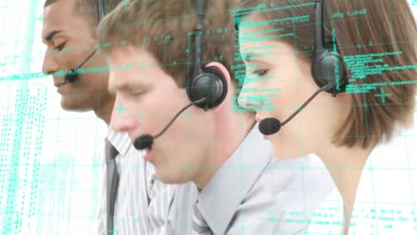 Animation-of-data-processing-over-business-people-using-phone-headsets