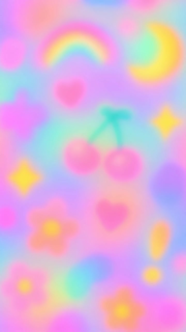 A dreamy, pastel-hued video background with a top-down angle, featuring blurred cherries, stars