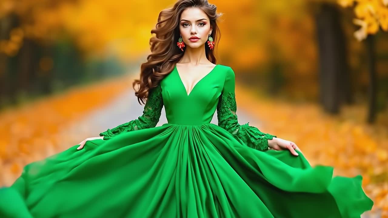 초록색 드레스를 입은 여자가 길을 고 있다