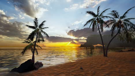 sunrise on tropical island sea beach, calm ocean sunset, morning dawn panorama landscape, palm tree leaves silhouette, yellow sun reflection