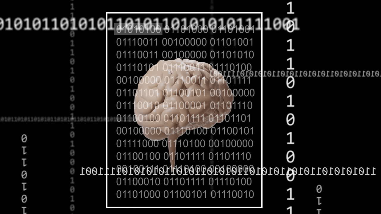 Animation of ai text, brain and data processing over dark background