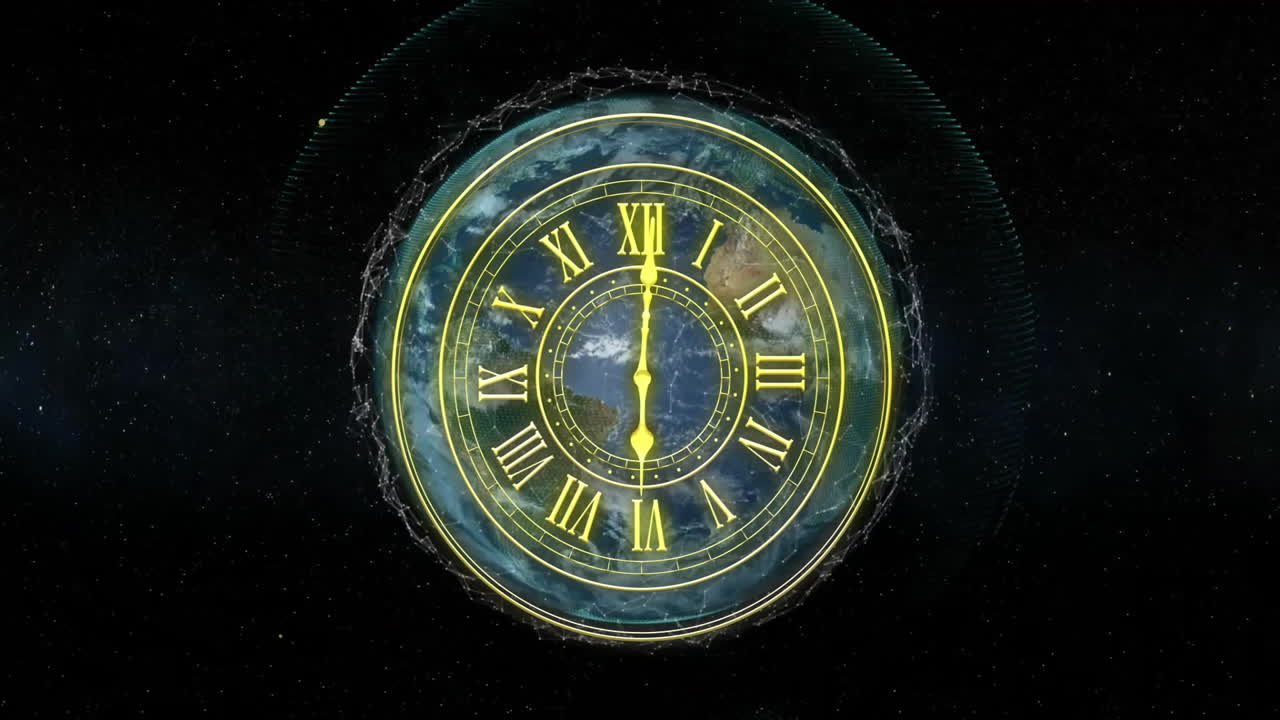 Animation of glowing clock with Roman numerals in starry night background