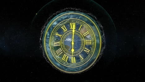 animation of glowing clock with roman numerals in starry night background