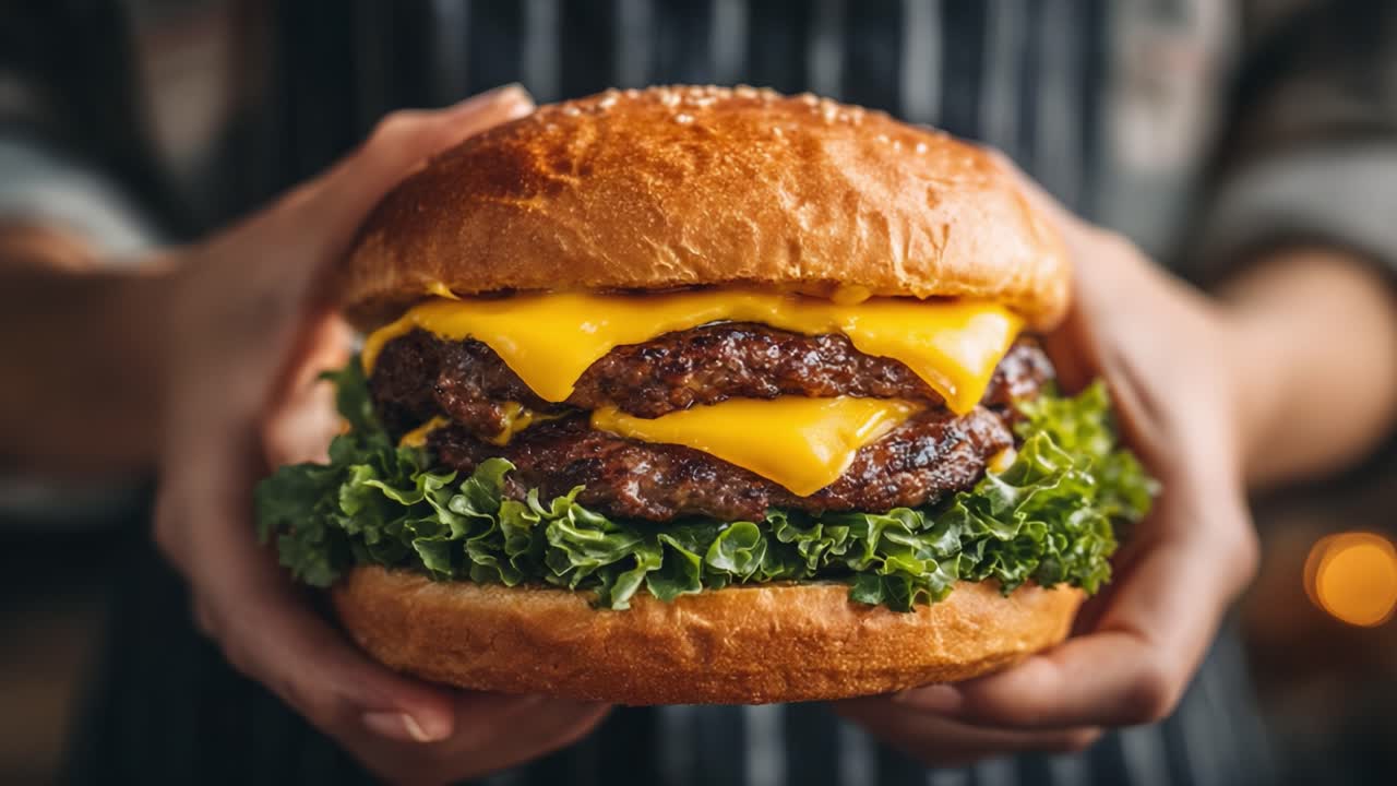 A Delicious Double Cheeseburger with Melting Cheese and Fresh Lettuce, Perfectly Presented in Hand for a Tasty Culinary Experience