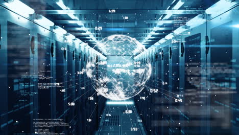 animation of financial data processing and globe over server room