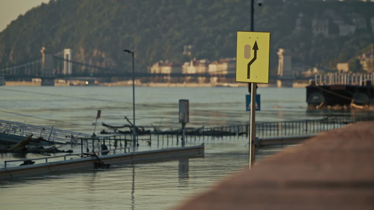 Budapest Flood: Danube River Overflowing, Chain Bridge in Background