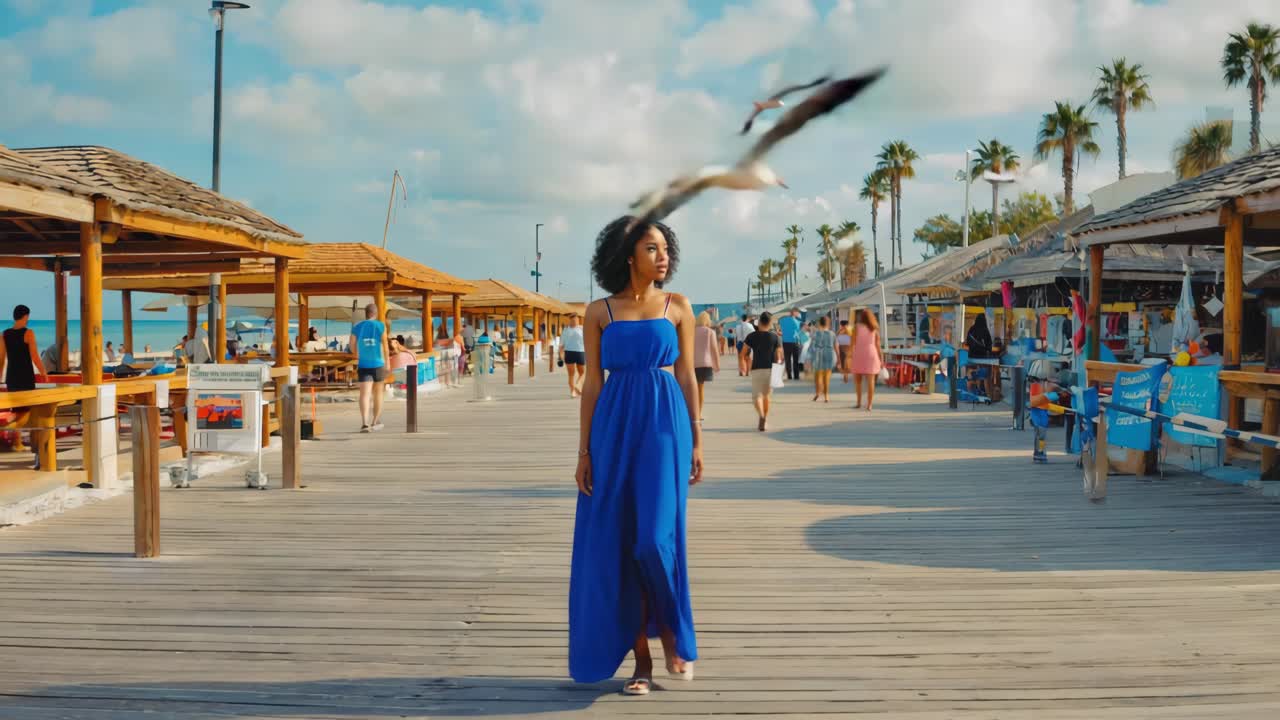 Woman in a Blue Dress Walking on a Sunny Beach Boardwalk