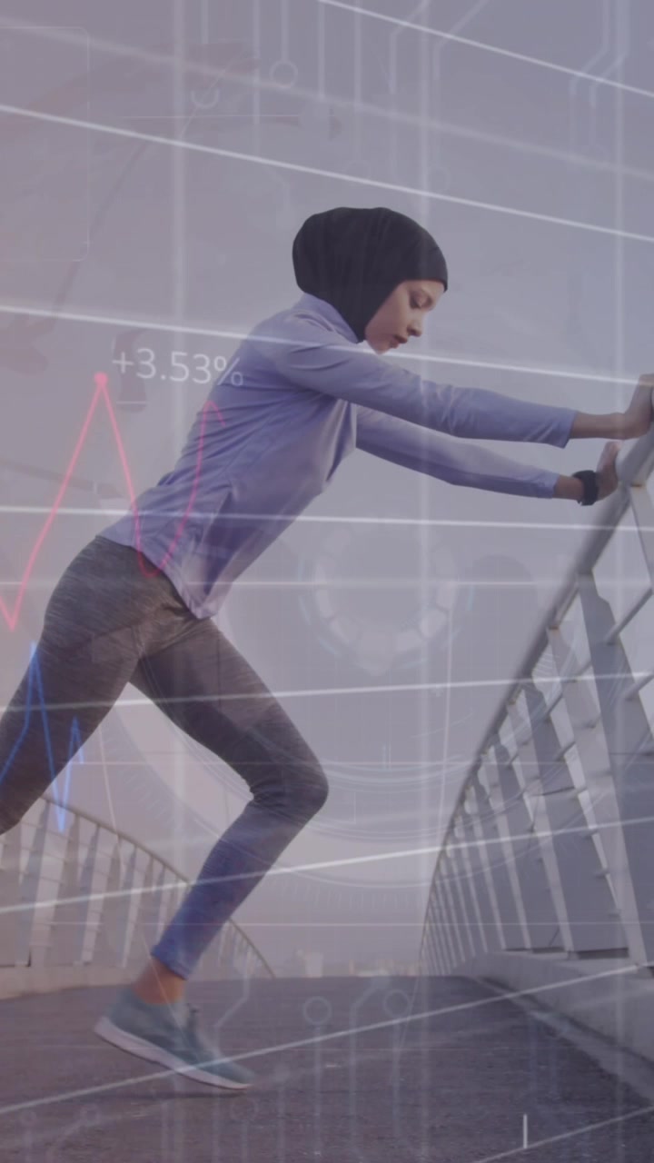 Animation of graphs and circle with grid over woman in hijab stretching on footbridge