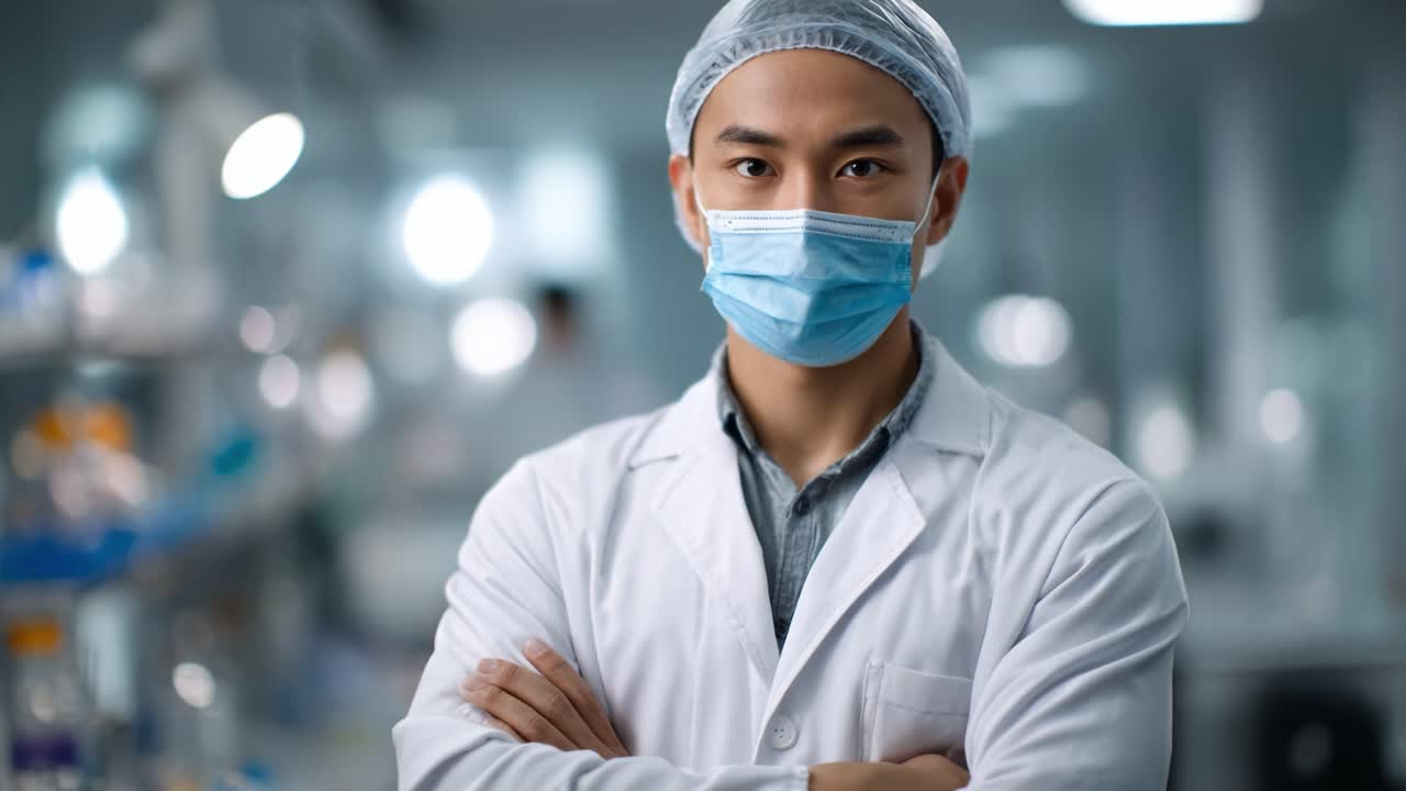 Seorang profesional kesehatan yang percaya diri dengan jas lab dan masker berdiri di fasilitas medis, melambangkan dedikasi dan keahlian di bidang kesehatan dan penelitian