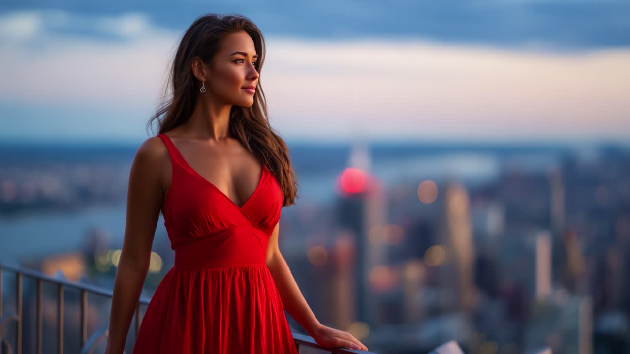 A woman in a stunning red dress gazes over a city skyline, embodying elegance and beauty as the sun sets, capturing the essence of timeless allure and charm