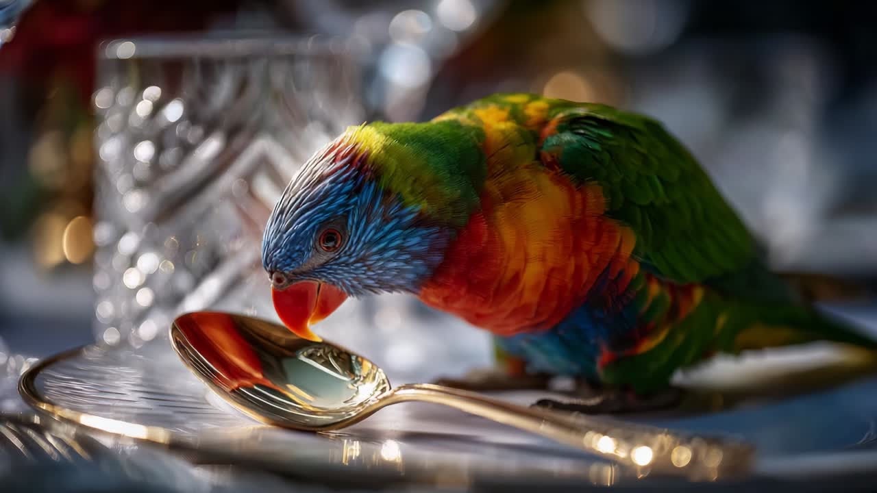 A Vibrant Parrot Curiously Examines a Golden Spoon on a Tastefully Arranged Table, Capturing the Essence of Nature's Palette Amidst Refined Elegance and Playful Imagination