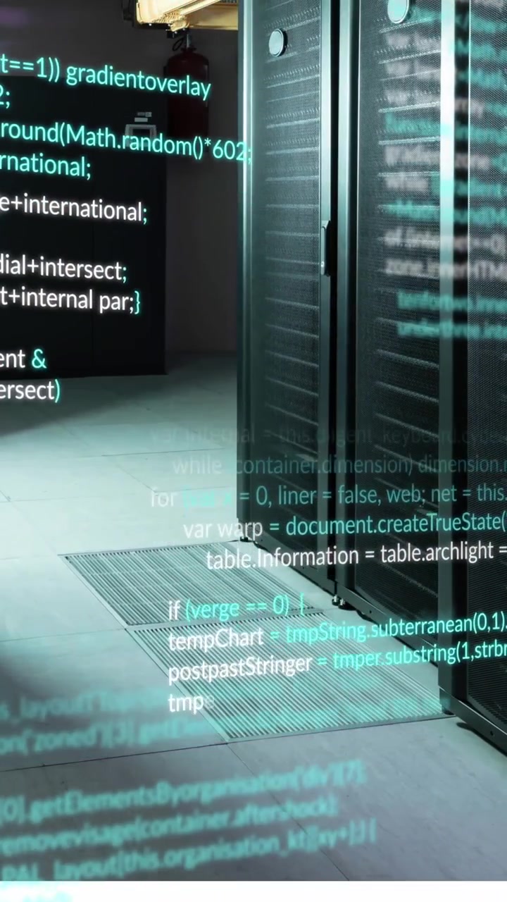 Animation of data processing against empty computer server room