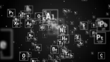 flying square icons of the chemical elements of the mendeleev table on a black animated looped background.