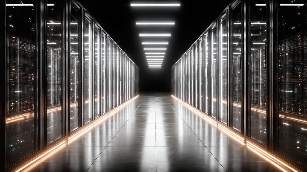 Udforskning af æstetikken i moderne datacentre: Et indblik i symmetrien, belysningen og designet af højteknologiske serverrum i et futuristisk miljø