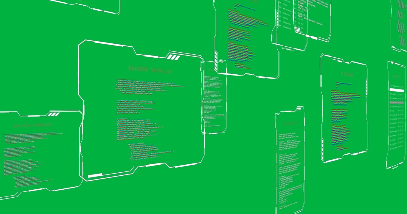Animación de procesamiento de datos en pantallas digitales sobre un fondo transparente