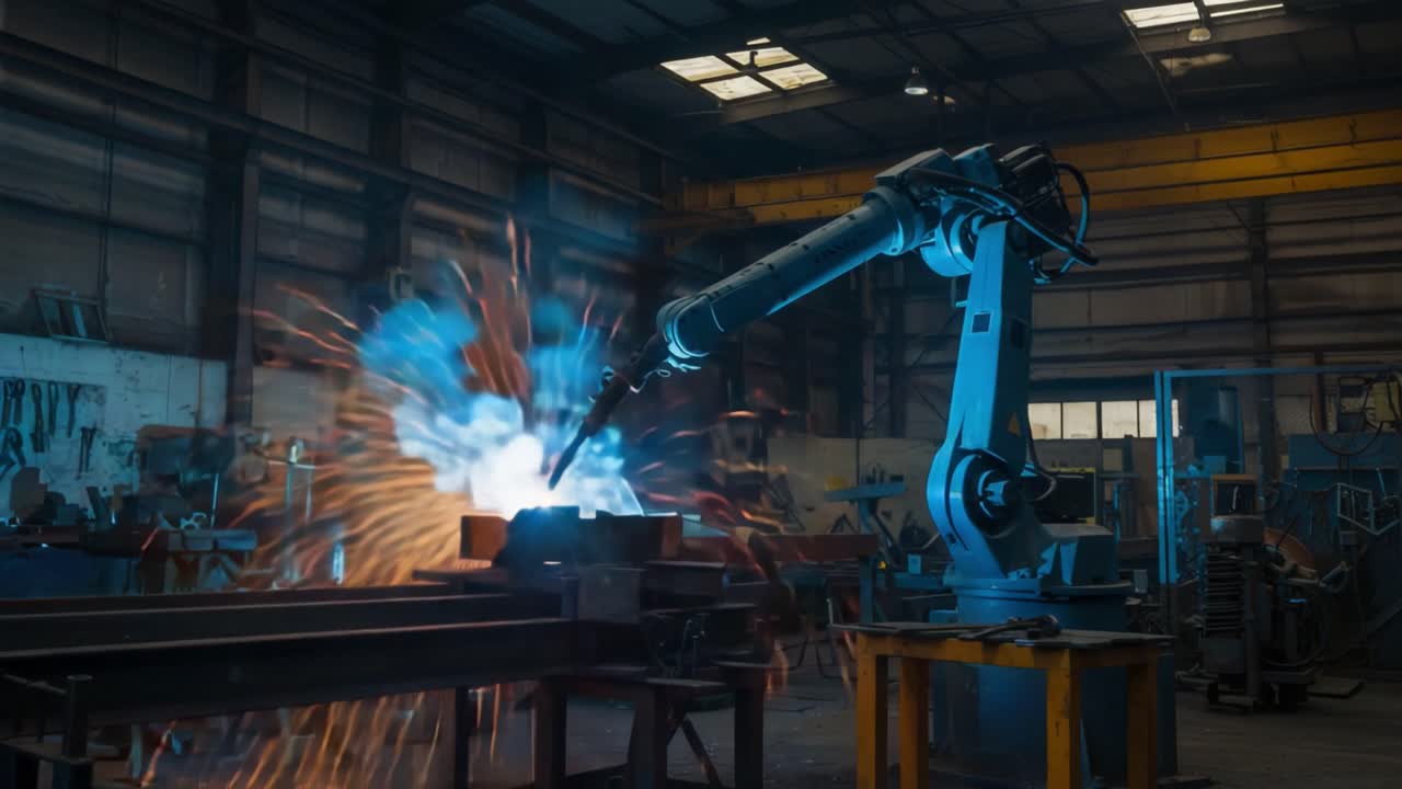 Automated Welding Process in Action: A Robotic Arm Creates Sparks and Blue Flames in a Modern Fabrication Facility, Showcasing Advanced Manufacturing Technology