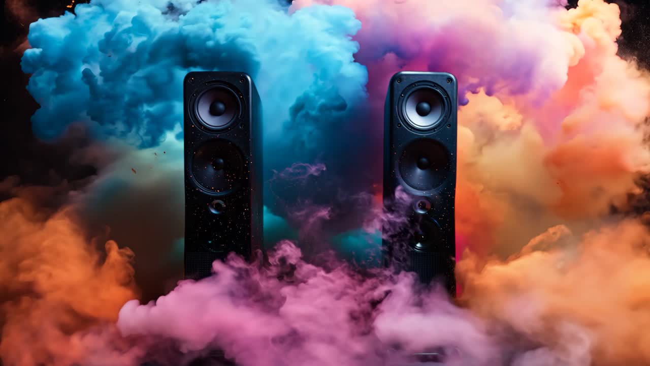 Two speakers are surrounded by a cloud of colorful smoke. The speakers are orange and blue, and the smoke is pink, purple, and orange. The scene is dynamic and energetic, with the speakers