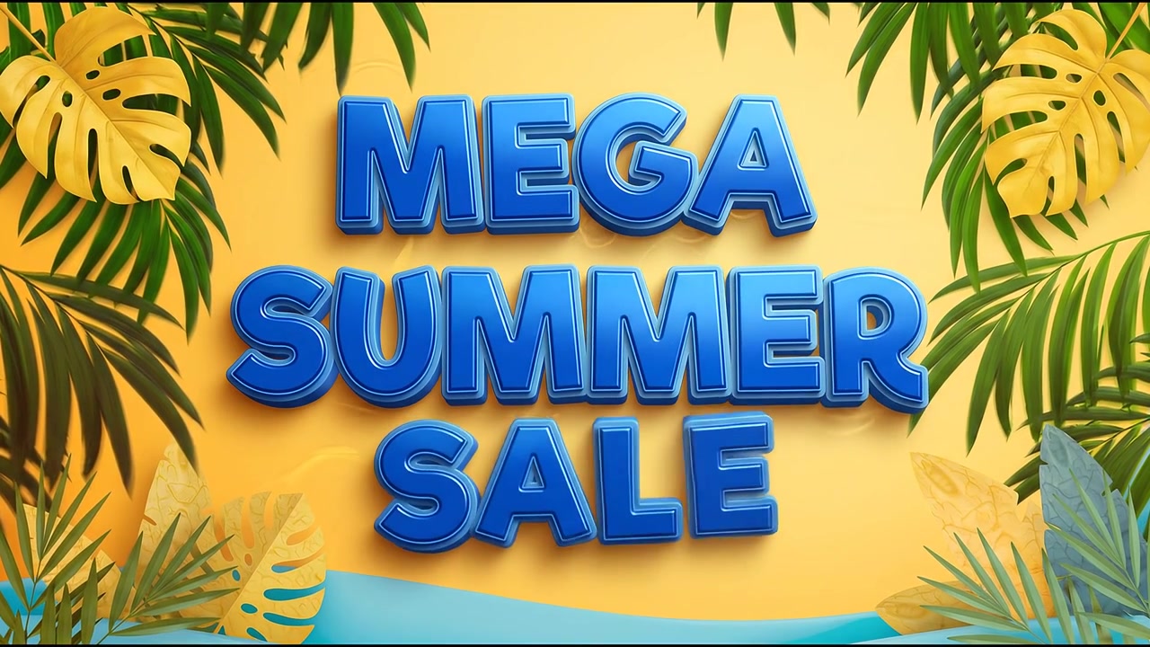 Kæmpe Sommersalg: Sæsonbestemt kampagneanimation med fed blå typografi og tropisk palmebladbaggrund.