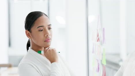 Thinking,-work-and-a-woman-with-notes-in-an-office